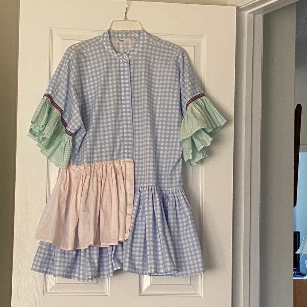 Pitusa Asymmetrical Blue Gingham Dress with Pink and Green Ruffles